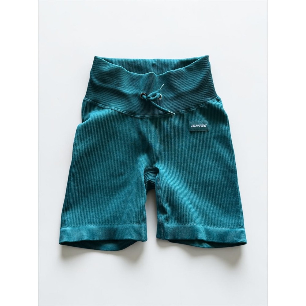 Bo+Tee Womens Ribbed High Waisted Biker Shorts Teal Blue Drawstring XS